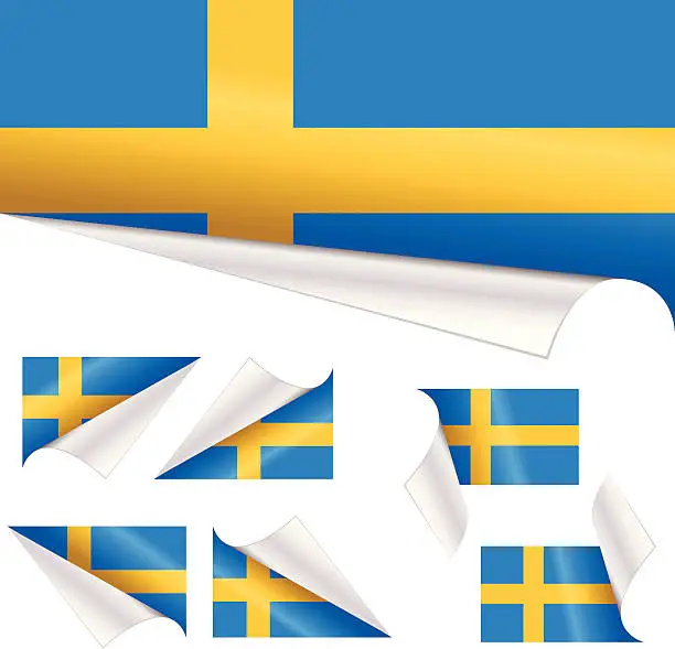 Vector illustration of Swedish Flags behind Curled Paper