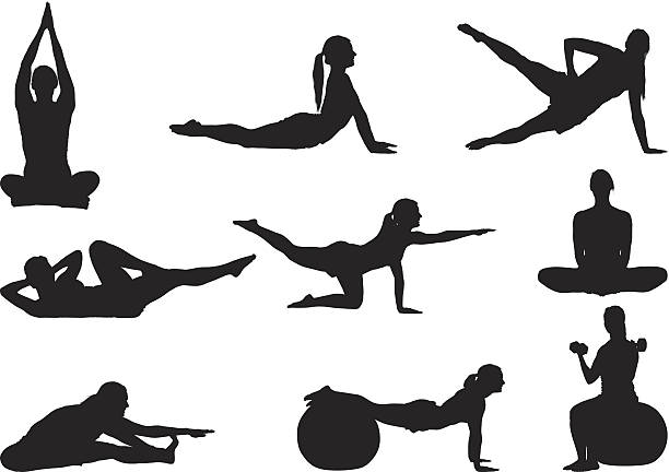 Fitness woman stretching and working out Fitness woman stretching and working outhttp://www.twodozendesign.info/i/1.png pilates stock illustrations
