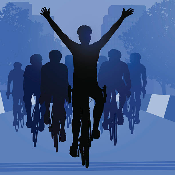 Road Bike Cyclist Winning the Race in an Urban Setting Road bike cyclist winning the race in an urban setting celebrating with arms held high. racing bicycle stock illustrations