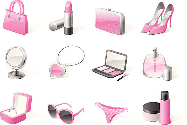 3d color icons - girl shopping 12 pink girl shopping icons diamond ring clipart stock illustrations