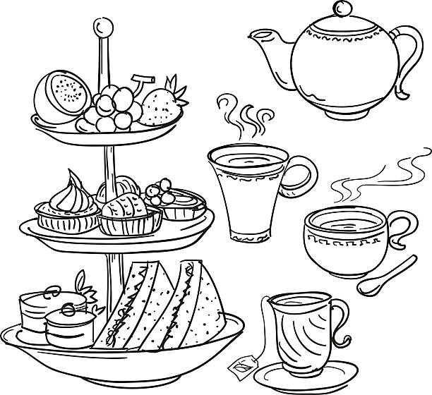 Afternoon tea set in sketch style Sketch drawing of high tea set food. tea set stock illustrations