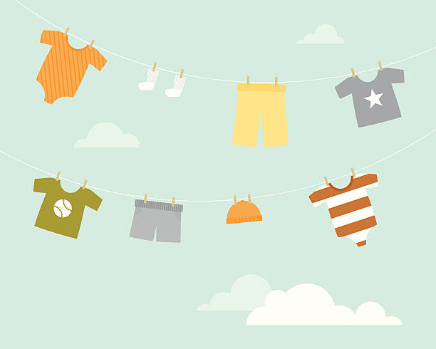 ilustraciones, imágenes clip art, dibujos animados e iconos de stock de baby boy cuerda de tender la ropa - ropa de bebé