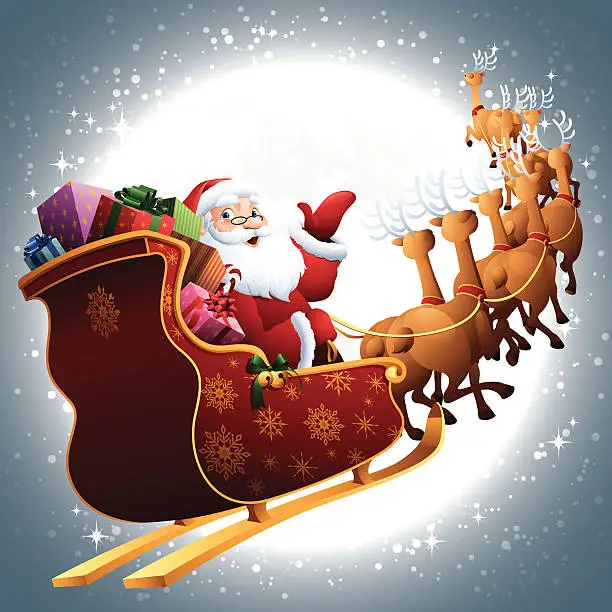 Vector illustration of Santa in his sleigh flying through full moon sky