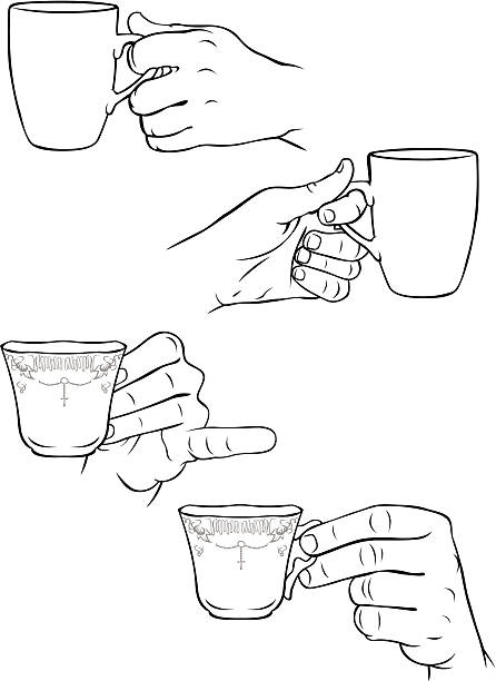 Hands holding tea cups and coffee mugs vector art illustration