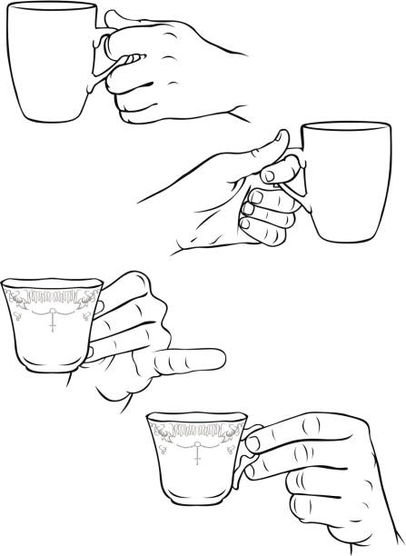 Hands holding tea cups and coffee mugs Vector illustrations of hands holding tea cups and coffee mugs. pinky finger stock illustrations