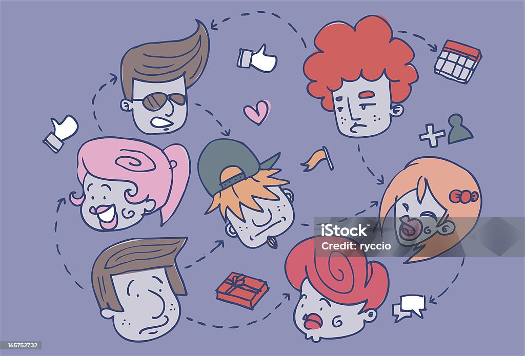 blue hand drawn social network People doodle faces connected, with a lot of icons and arrows. Social network concept. Adolescence stock vector