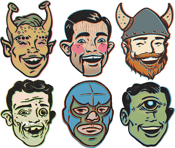 Retro Rejects and Circus Freaks these are like the title says, rejects of some sorts. from top left to bottom right.  Retro Mars man, Wooden puppet, Irish Viking, the Local Crackhead, Lucha Libre light weight, and Good'Ol Mr.Cyclops the proctologist. monster fictional character illustrations stock illustrations