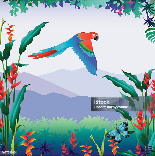 Flying Parrot Tropical Mountain View Stock Illustration - Download Image Now - Clip Art, Vector, Animal
