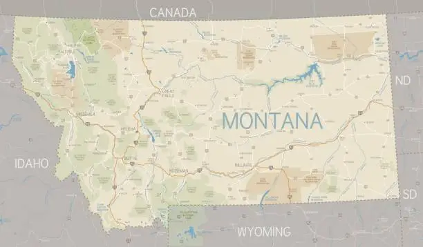 Vector illustration of A flat Montana state map and surroundings