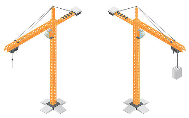 Isometric Construction Crane A vector illustration of a Isometric high Construction Crane lifting building materials. tower crane stock illustrations
