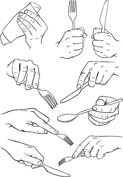 Vector illustration of Hands holding cutlery and a serviette.