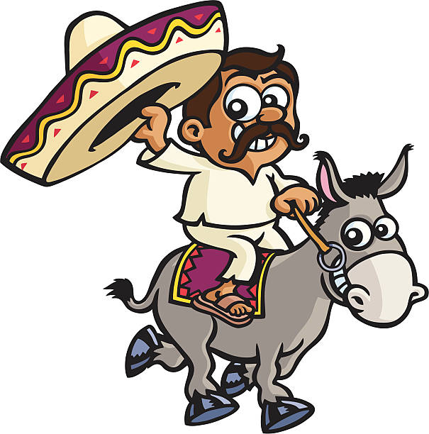 Mexican riding a donkey A cartoon mexican is riding a donkey and waving at you with his sombrero. mexican mule stock illustrations