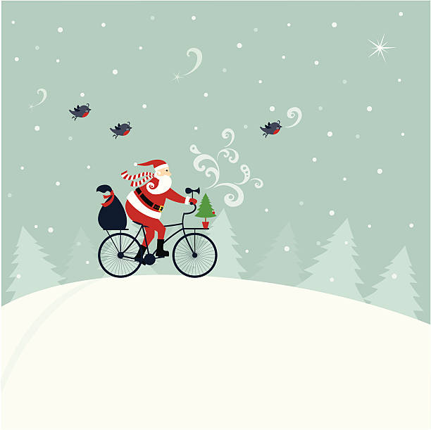 Santa Claus on bicycle Santa Claus delivering gifts on bicycle, Robins following him. Elements are on separate layers. Easy to change color.  gift silhouettes stock illustrations