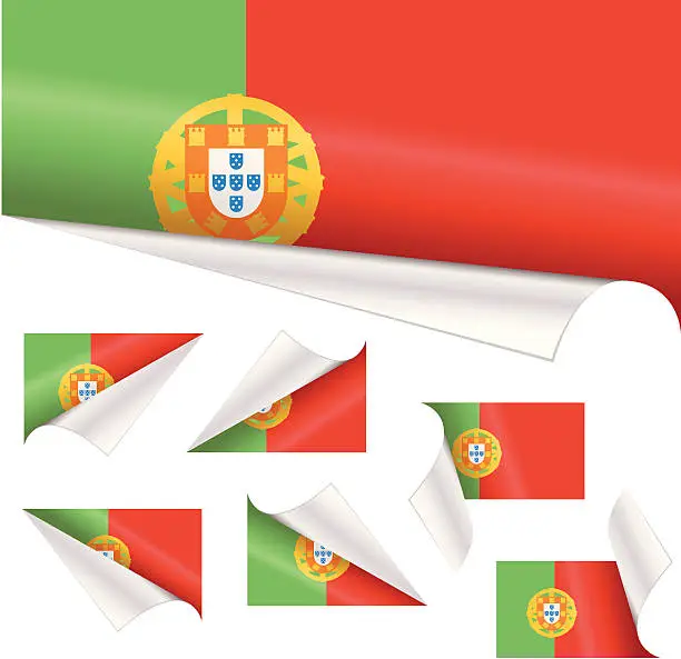 Vector illustration of Portuguese Flags behind Curled Paper