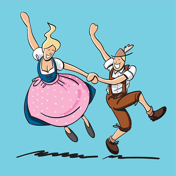 ледерхозен дирндл танцы пара - german culture oktoberfest dancing lederhosen stock illustrations