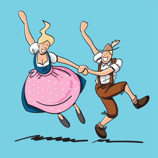 Lederhosen Dirndl Dancing Couple "Vector illustration of a bavarian couple in Dirndl and Lederhosen. They are dancing at the Beer Fest. The line art, color and background are on separate layers, so you also can use the illustration on your own background. The colors in the .eps-file are ready for print (CMYK). Included files: EPS (v8) and Hi-Res JPG." pics of dirndl skirt stock illustrations