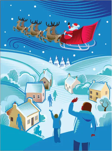 Vector illustration of Santa’s Sleigh flies by