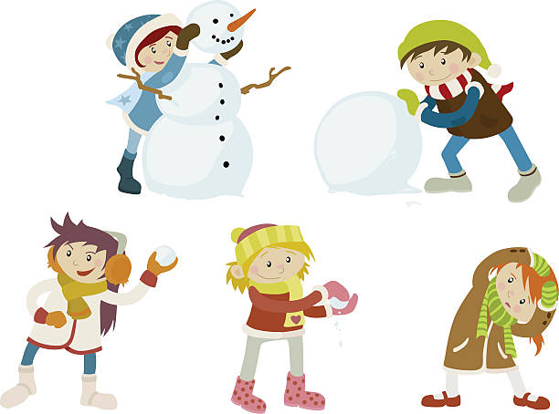 Kids Playing in the Snow vector art illustration