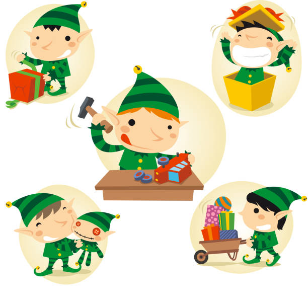 ilustrações, clipart, desenhos animados e ícones de christmas santa claus elfo elfos em acção - hand tool box white background work tool