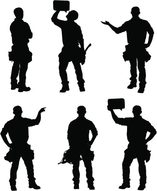 ilustraciones, imágenes clip art, dibujos animados e iconos de stock de handy man siluetas - construction worker silhouette people construction