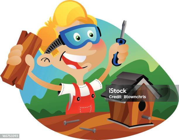 Boy Builds Birdhouse Stock Illustration - Download Image Now - Birdhouse, Boys, Cartoon