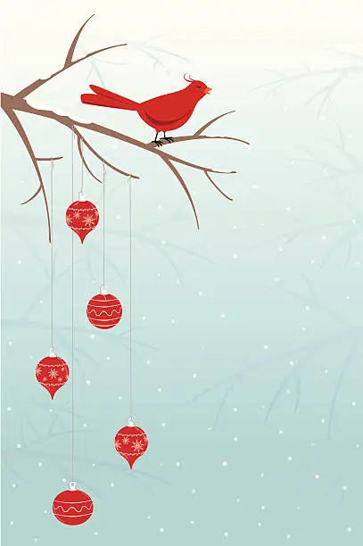 Vector illustration of Songbird on snowy branch with Christmas ornaments