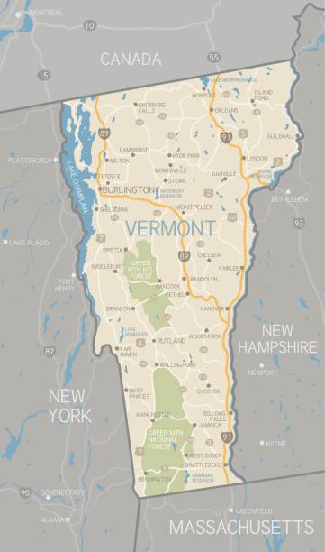Vermont State Map A detailed map of the state of Vermont, including surrounding states. Includes major highways, cities, and lakes. Elements are grouped and separate for easy changes and removal. Includes an extra-large JPG so you can crop in to the area you need. vermont stock illustrations