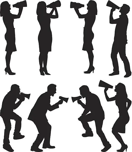 Vector illustration of Businesswomen and businessmen shouting into megaphones