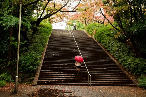 Nara, Japan – November 08, 2015: A person walking up a set of stairs, carrying an umbrella