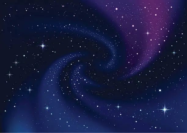Vector illustration of Swirling galaxy and stars in dark blue sky