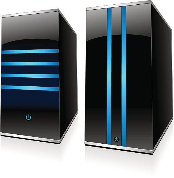 Two computer servers Simple and minimalistic style illustration of servers with horizontal and vertical stripes isolated on white background. Easy to use and modify, gradients only (no mesh). network server rack isolated three dimensional shape stock illustrations