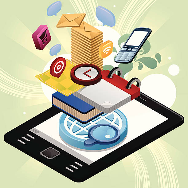 Applications icon on eBook reader Icons coming out from ebook reader. Mail, ecommerce, phone, clock, calendar, book, world and magnifier. coming out of computer screen stock illustrations