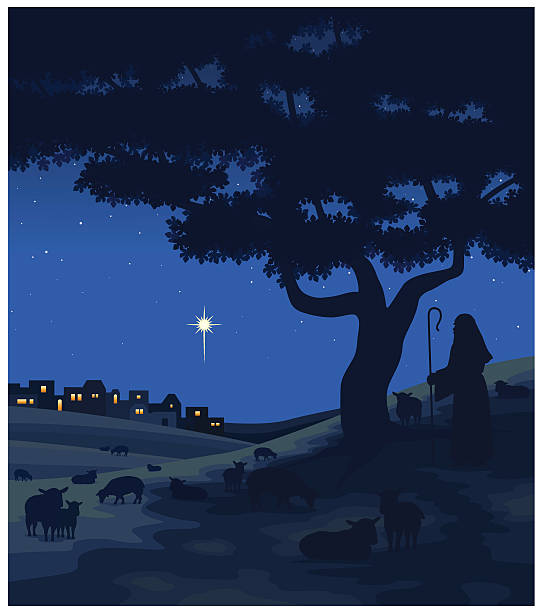 Shepherd on hill outside of Bethlehem Shepherd with his flock on a hill looking at bright a star over Bethlehem. bethlehem star stock illustrations
