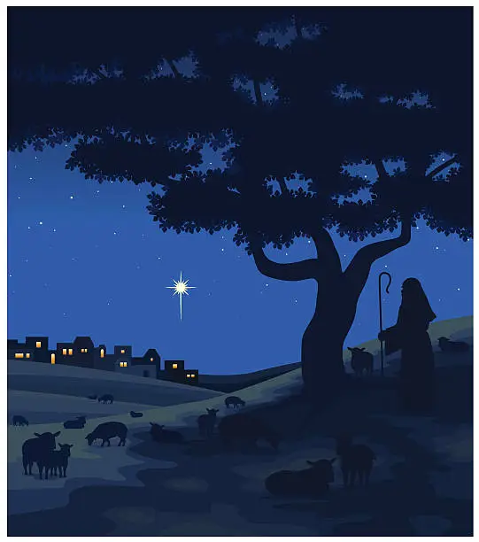 Vector illustration of Shepherd on hill outside of Bethlehem