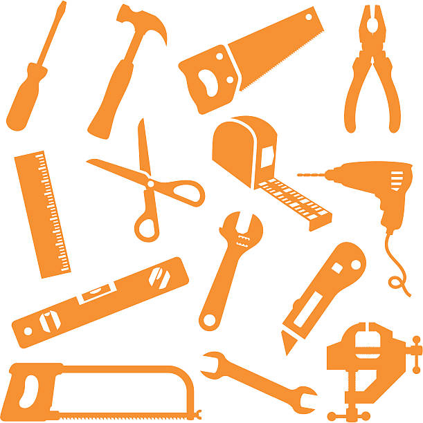 illustrations, cliparts, dessins animés et icônes de ensemble d'outils icônes - adjustable wrench wrench orange hand tool