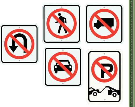 Traffic signs. Tight vector illustrations of a No Parking, No Trucks, No Cars, No Pedestrians, No U-Turn Tow Away Zone traffic signs. Complete with pole and screws. Check out my 