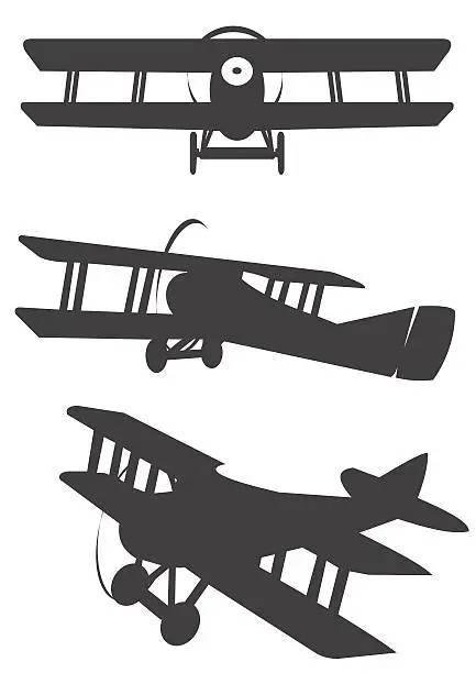 Vector illustration of Three classic propeler biplane silhouetes