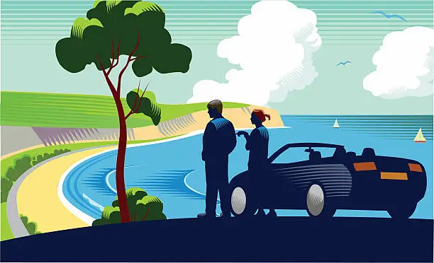 Vector illustration of Coastal scene with car