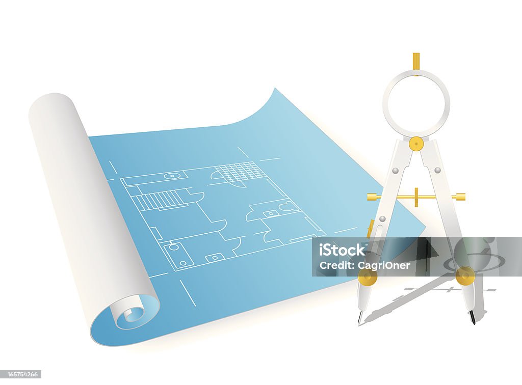 Plan d'architecte et Compas - clipart vectoriel de Cartoon libre de droits