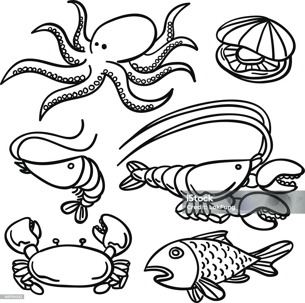 Raccolta di frutti di mare in bianco e nero - arte vettoriale royalty-free di Line Art