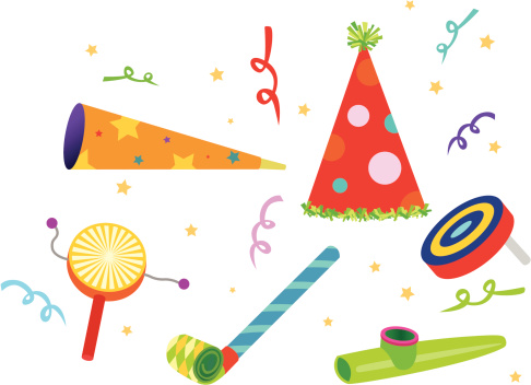 A variety of colorful noisemakers in an editable vector file.