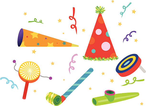 Party Noisemakers A variety of colorful noisemakers in an editable vector file. streamer stock illustrations
