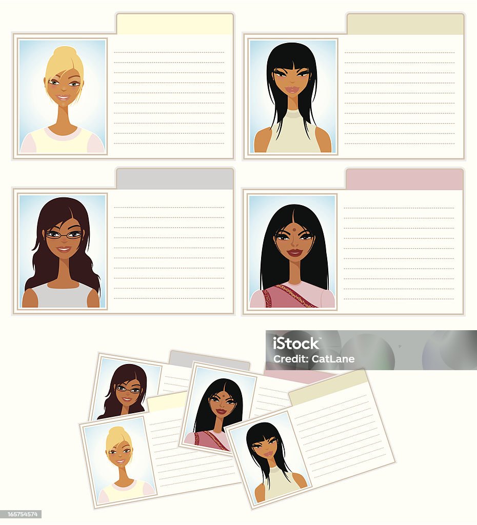 Cute Index File Cards Set of cute contact or information cards with variety of ethnic girls. Characters stock vector