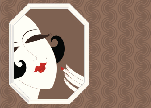 A twenties style girl applying lipstick against an art deco style pattern background. Click below for more beauty images.