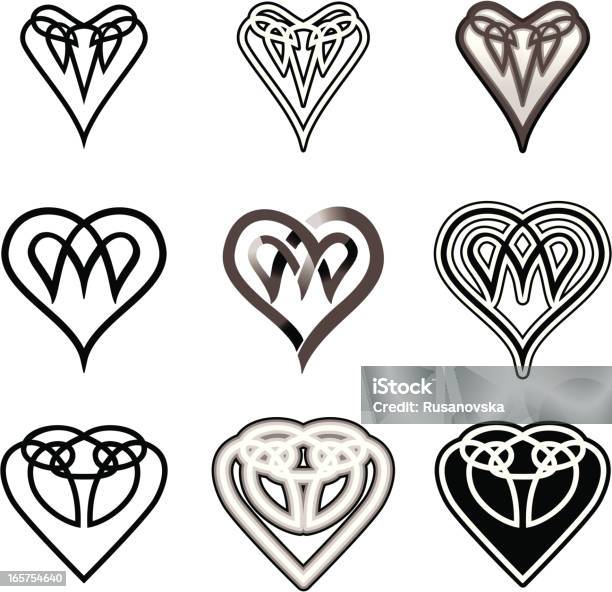 Set Di Stile Celtico Cuore Nero Bianco - Immagini vettoriali stock e altre immagini di Simbolo di cuore - Simbolo di cuore, Stile celtico, Astratto