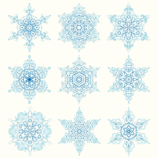 ilustraciones, imágenes clip art, dibujos animados e iconos de stock de snowflakes - intricacy snowflake pattern winter