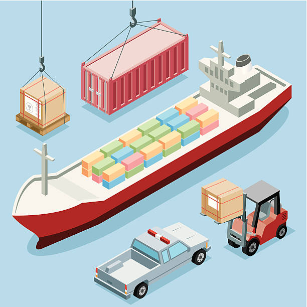 illustrazioni stock, clip art, cartoni animati e icone di tendenza di isometrica, e trasporto merci - passenger ship ferry crane harbor