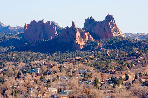 The red sandstone spires of Red Rocks Open Space Park and Garden of the Gods in Manitou Springs, Colorado