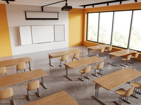 Top view of yellow and white classroom interior with desk and chairs in row, mock up copy space empty chalkboard and projector with screen. Panoramic window on tropics. 3D rendering