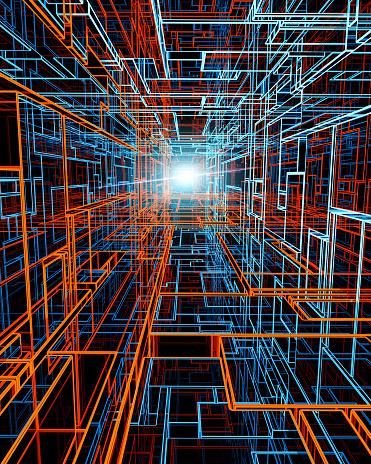 Gravitational tunnel, space-time tunnel. Travel in space time, the deformation of the space-time continuum. Sci-fi. Neon effect, lines and geometric shapes, microchips, circuits. 3d rendering